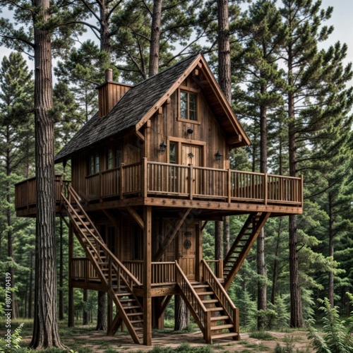 Tree house with stairs in forest, surrounded by natural landscape © Yana Zastolskaya