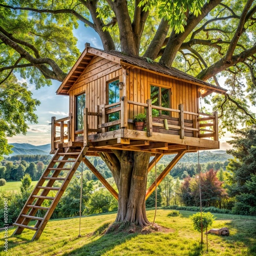 Artistic cottage built on tree with stairs, blending into natural landscape © Yana Zastolskaya