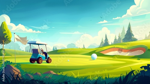 Sport tournament, activity modern illustration with a golfer cart on a green field near a ball, hole, and flag pole on a nature course landscape background under a bright sun filled sky in a blue photo