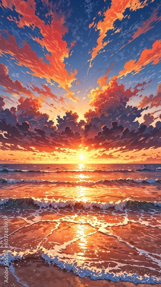Anime 2d style sunset over sea with ocean waves and nice sky portrait