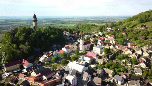 Mountain Town With Trúba Tower In Nový Jičín District, Moravian-Silesian Region Of The Czech Republic. Aerial Drone Shot photo