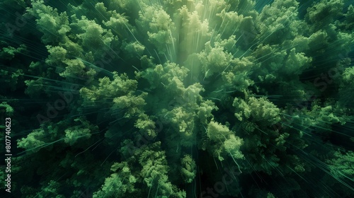 Aerial view of a dense forest with a neon green glow  digital rays illuminating the trees from above.