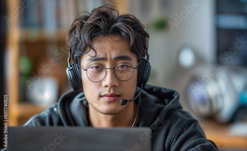 young asian man as a call center operator, unhappy at work, sad,  underpaid and overstressed,  photo