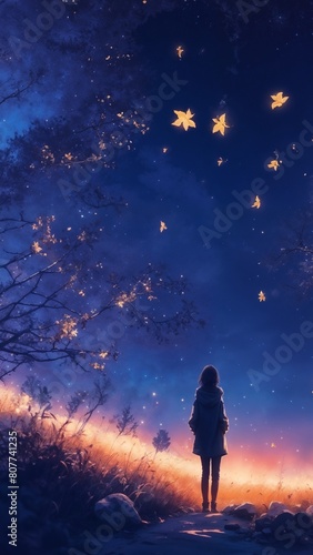 Girl and mystical scene the starry night sky