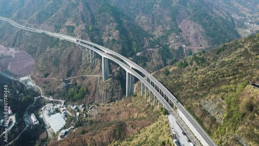 Side View Of Trucks Cars Vehicles Passing Double Lane Highway Bridge In The Mountains Motorway Side View Of Trucks Cars Vehicles Passing Double Lane Highway Bridge In The Mountains Motorway
