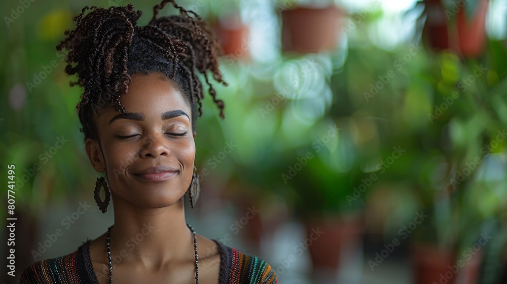 Achieve inner peace and calmness with the help of a serene indoor garden and a grateful young lady. Achieve inner peace and calmness with the help of a serene indoor garden and a grateful young lady.