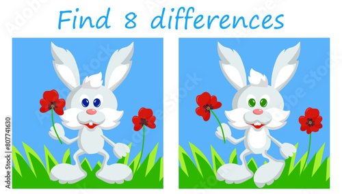 Logic puzzle game. Find 8 differences. Happy rabbit with red poppy on green grass. Vector illustration for children's activity book.