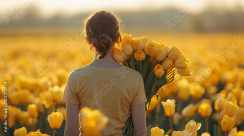 Young lady in a yellow t-shirt and jeans standing in the field of yellow tulips holding the bouquet of tulips. Sunset time. #807741674