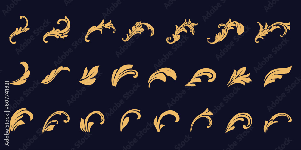 Gold Floral Ornamental design, flourish, baroque, lace borders and corners Vector set art deco ornaments elements Gold Floral Ornamental design, flourish, baroque, lace borders and corners Vector set art deco ornaments elements
