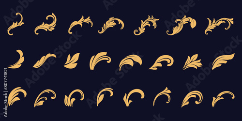 Gold Floral Ornamental design, flourish, baroque, lace borders and corners Vector set art deco ornaments elements