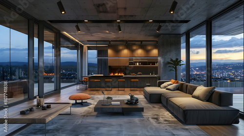 Modern interior design of the living room in an apartment with panoramic windows, fireplace and kitchen on one floor, sofa, armchair, coffee table © DESIRED_PIC