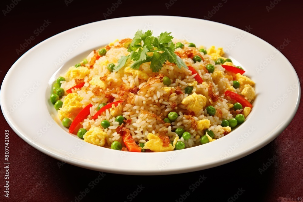 A plate of rice with vegetables and meat A plate of rice with vegetables and meat