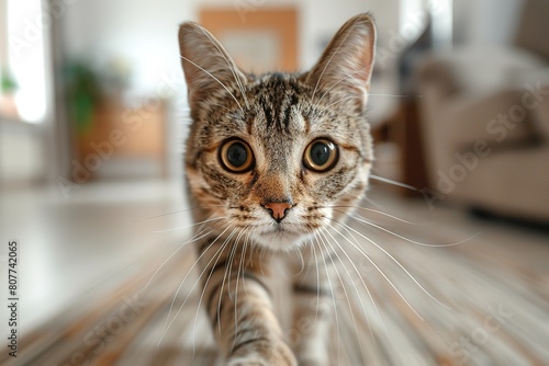 closeup tabby cat with a curious look on its face in living room, Shot with a wide angle lens photo