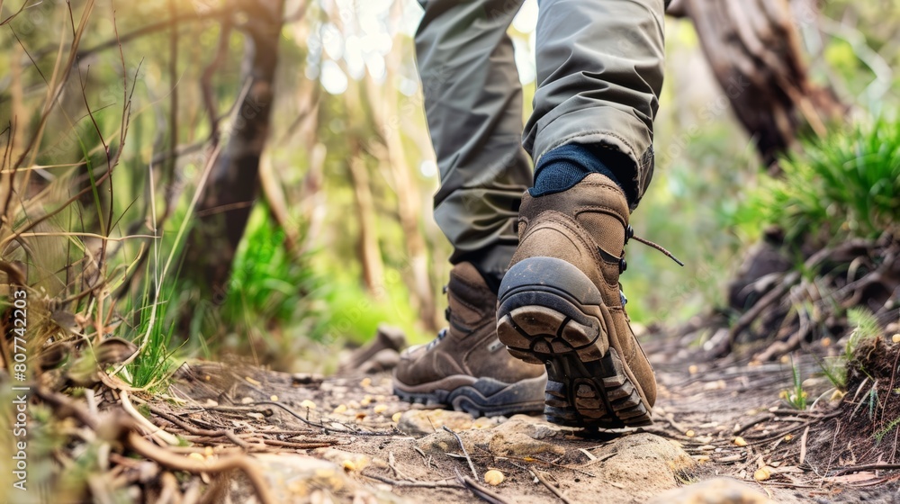 A person is walking on a trail in the woods wearing brown boots A person is walking on a trail in the woods wearing brown boots