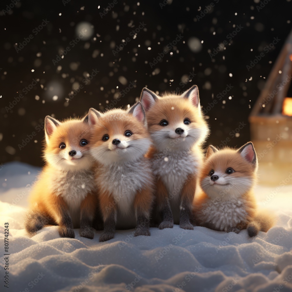 Fototapeta premium Four baby foxes are sitting on the snow, looking at the camera