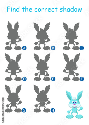 Find the correct shadow of the funny rabbit. Logic game. Worksheet for children's activity book. Cartoon vector illustration.