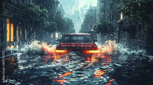 Car trapped in flood on city street mixed media artwork. Automobile stranded on waterlogged road during intense precipitation. Storm and lightning occurred during rainfall. 2D graphic representation. photo