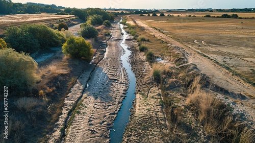 Drought-stricken canal leads to water shortage and negatively impacts agriculture during extended dry spell.