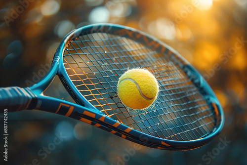 closeup of a racket hitting a tennis ball on a defocused background