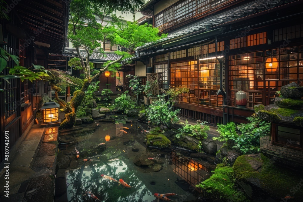 A Japanese garden with a pond and a small house. The pond is filled with fish and surrounded by plants
