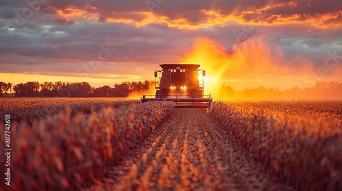 Harvester unloading gathered soybeans in field during sunset. photo