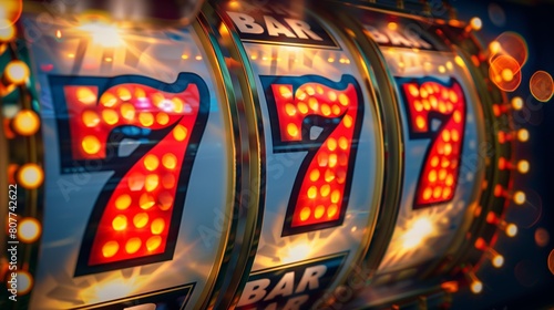 Close-up of a vibrant slot machine displaying the lucky number seven and bar symbols, with glowing lights.