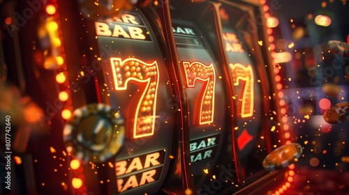 Vibrant casino slot machines displaying lucky sevens and bar symbols with dynamic lighting and floating coins.