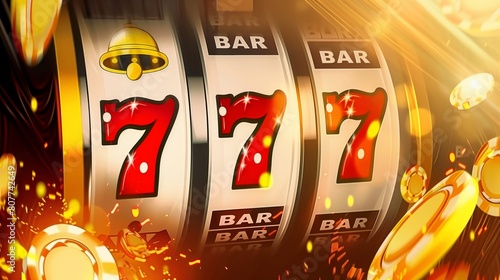 Vivid slot machine reels displaying a winning combination of sevens amidst bright golden lights. photo