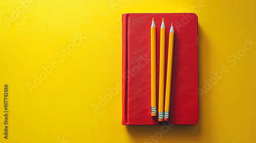 Back to school concept. A red color notebook and graphic pencils on yellow background with copyspace. photo
