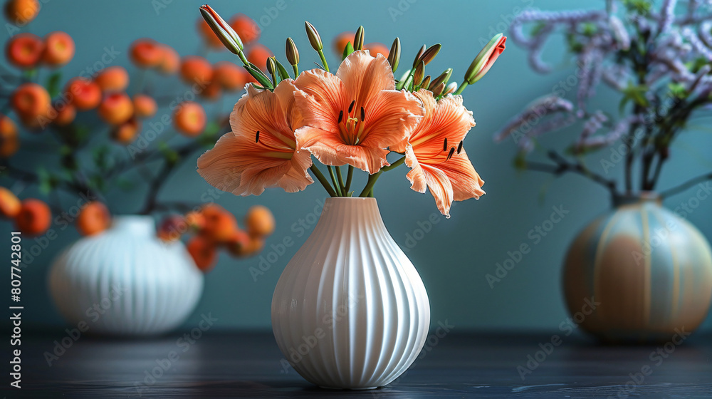 small flower vase design, italian modern, white and orange and mint green, hyper real, PBR, gray tone background 