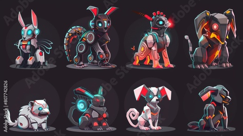 Several robot animals, robotic mechanical monsters. Evil cyborg pets hare, eagle, wasp, octopus, magpie, dog, bear, rhinoceros and dog with red glowing eyes and mechanical bodies. Cartoon predators