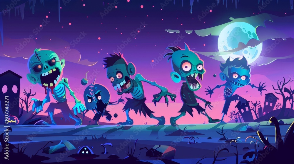 A cartoon banner with zombie characters walking at night, cute and angry monsters wearing torn clothing, Halloween party invitation.