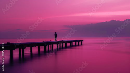 This captivating image captures the essence of twilight as a lone fisherman stands on the pier  silhouetted against the dusky sky. The long exposure photography technique creates a soft  dreamlike 
