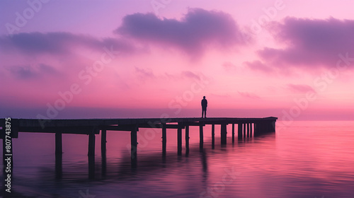 This captivating image captures the essence of twilight as a lone fisherman stands on the pier, silhouetted against the dusky sky. The long exposure photography technique creates a soft, dreamlike  photo