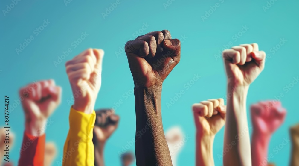 Multi ethnic fists raised up in sign of protest and social unrest. Multi ethnic fists raised up in sign of protest and social unrest.