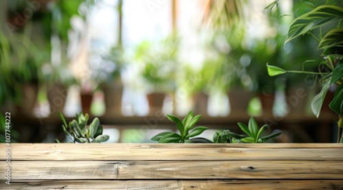 Wooden table top with pot plants blurred background for products