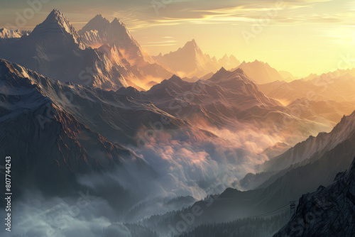 Breathtaking panoramic view of majestic mountain peaks at sunrise. With rugged. Misty terrain and golden sunlight casting a serene and tranquil atmosphere over the dramatic alpine landscape
