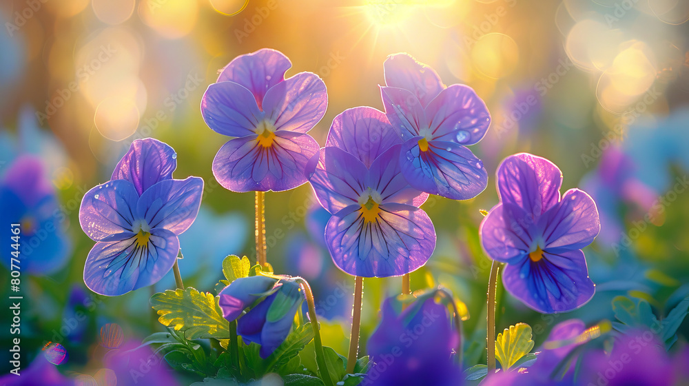 A field of purple flowers with sunlight shining through. A field of purple flowers with sunlight shining through.