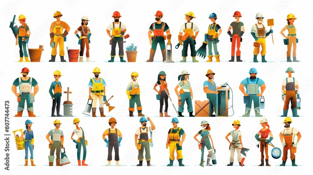 The modern flat illustration represents diverse people working within the building industry, including architects, painters, engineers, and repairmen.