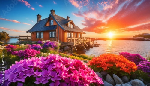 Idyllic wooden house by the sea, enveloped in vibrant flowers under a stunning sunset.