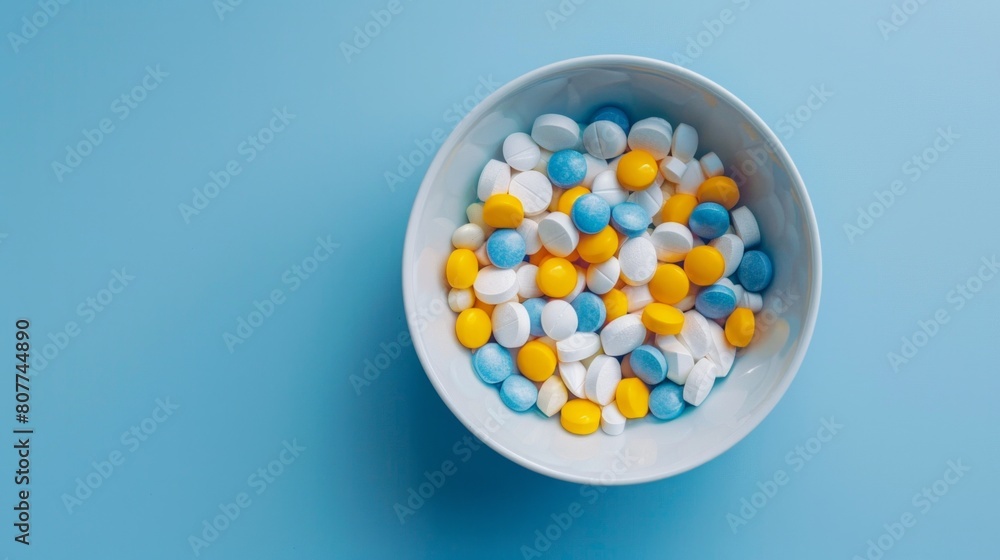 Copy space Breakfast bowl full of blue, yellow and white pills, Top view, flat lay, copy space Copy space Breakfast bowl full of blue, yellow and white pills, Top view, flat lay, copy space