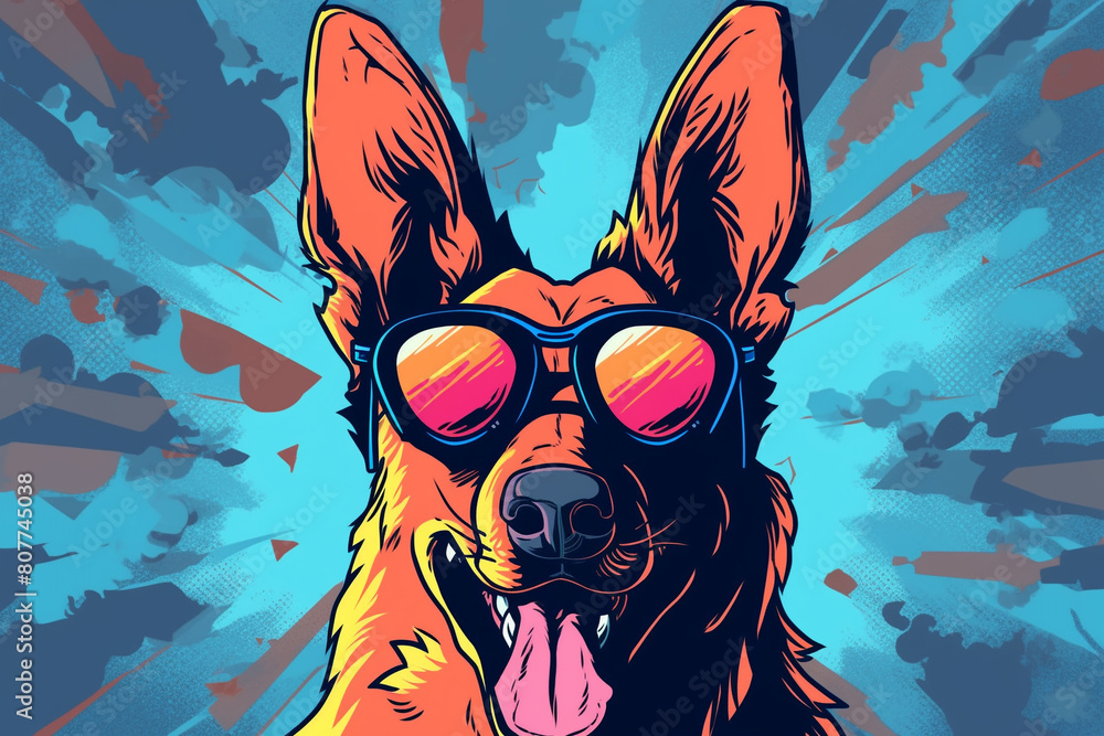 cartoon dogs wearing sunglasses, pop art vivid colours, funny cute animal concept