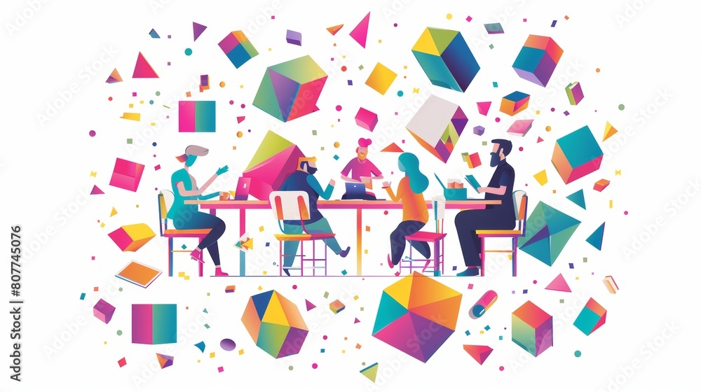 This flat modern illustration shows a collaboration team working together with colorful geometric shapes. Collaboration, collaboration, office employees by working together, brainstorming,