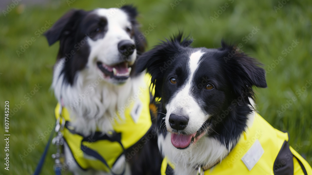 close up of working dogs, trained for specific tasks to assist their owners, yellow high viz