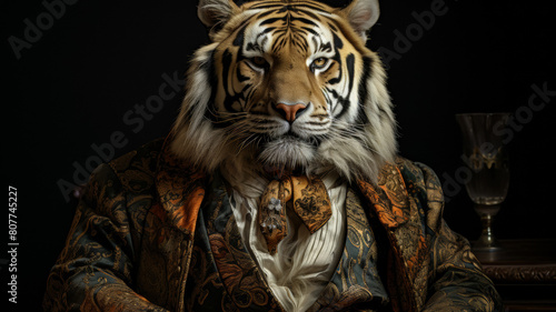 sophisticated tiger in a velvet smoking jacket, adorned with gold embroidery © Tatiana