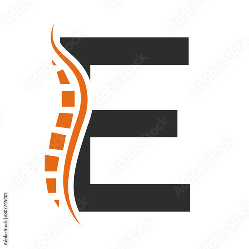 Letter E Backbone Logo Concept For Healthcare Symbol. Back Pain Sign