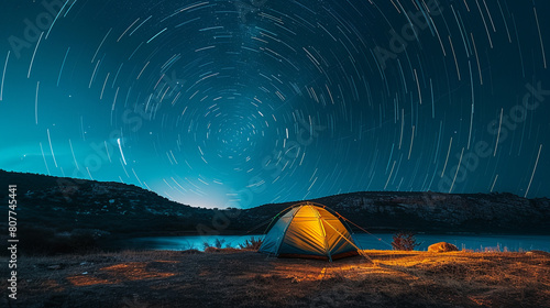 illuminated tent pitched in the wilderness, vast clear night sky, stars and milky way photo