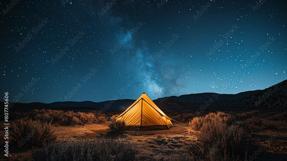 illuminated tent pitched in the wilderness, vast clear night sky, stars and milky way illuminated tent pitched in the wilderness, vast clear night sky, stars and milky way