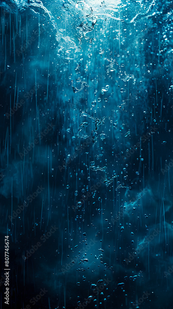 Obraz premium A dark blue water surface with water droplets.