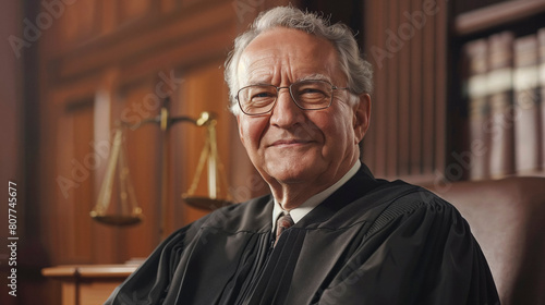 Respected senior judge in courtroom with scales of justice.
